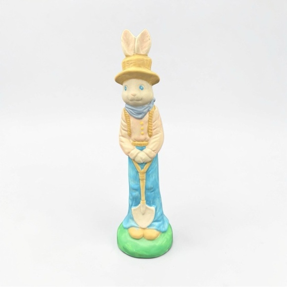 Vintage Boy Easter Bunny Bell Decor, w/Shovel & Carrots 7.5" Anthropomorphic EUC